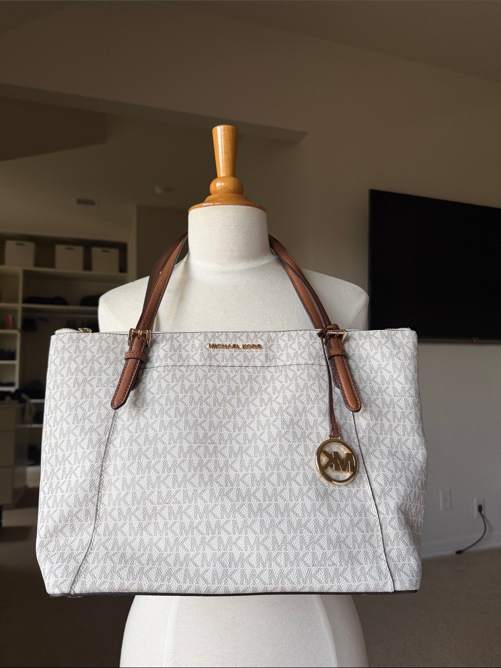 Michael Kors Cream MK Monogram Tote with Brown Leather Handles